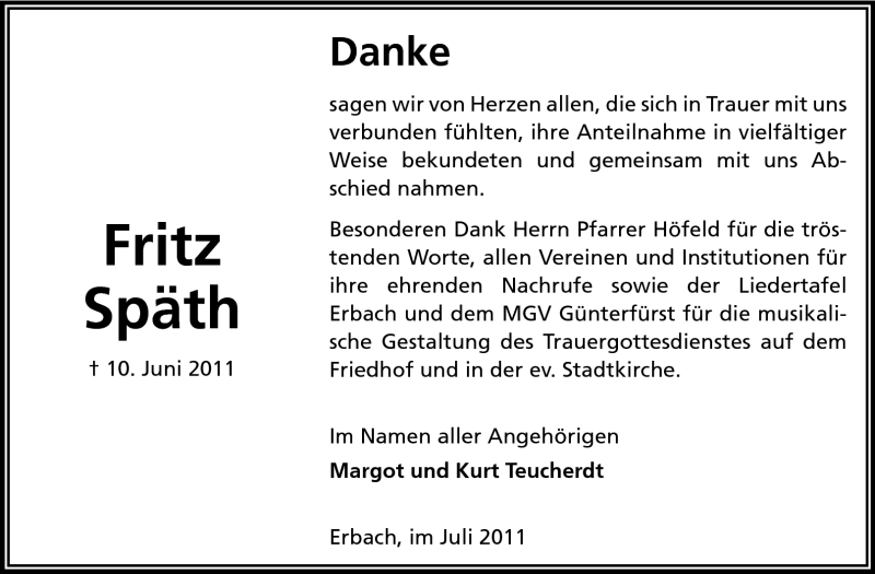  Traueranzeige für Fritz Spätz vom 16.07.2011 aus Odenwälder Echo