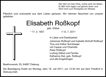 Traueranzeige von Elisabeth Roßkopf von Echo-Zeitungen (Gesamtausgabe)