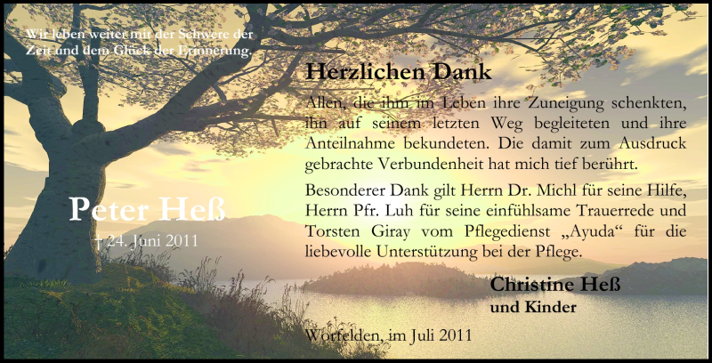  Traueranzeige für Peter Heß vom 16.07.2011 aus Odenwälder Echo