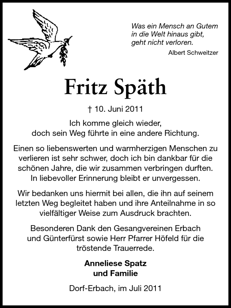  Traueranzeige für Fritz Späth vom 16.07.2011 aus Odenwälder Echo