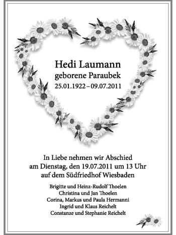 Traueranzeige von Hedi Laumann von Rüsselsheimer Echo, Groß-Gerauer-Echo, Ried Echo