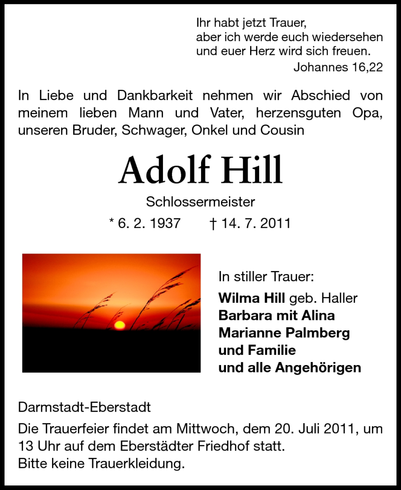  Traueranzeige für Adolf Hill vom 16.07.2011 aus Echo-Zeitungen (Gesamtausgabe)