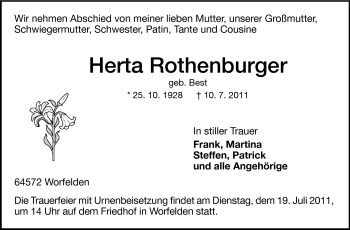 Traueranzeige von Herta Rothenburger von Rüsselsheimer Echo, Groß-Gerauer-Echo, Ried Echo