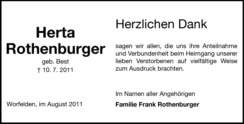  Traueranzeige für Herta Rothenburger vom 13.08.2011 aus Rüsselsheimer Echo, Groß-Gerauer-Echo, Ried Echo