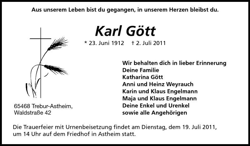  Traueranzeige für Karl Gött vom 16.07.2011 aus Rüsselsheimer Echo, Groß-Gerauer-Echo, Ried Echo