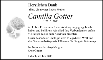 Traueranzeige von Camilla Gotter von Odenwälder Echo