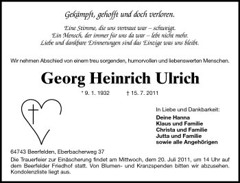 Traueranzeige von Georg Heinrich Ulrich von Odenwälder Echo