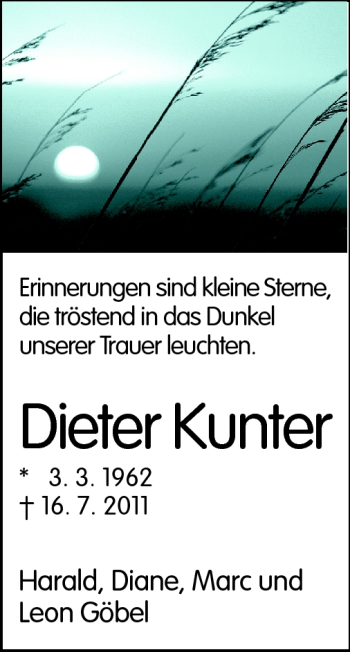 Traueranzeige von Dieter Kunter von Darmstädter Echo, Odenwälder Echo, Rüsselsheimer Echo, Groß-Gerauer-Echo, Ried Echo