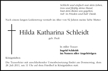 Traueranzeige von Hilda Katharina Schleidt von Rüsselsheimer Echo, Groß-Gerauer-Echo, Ried Echo