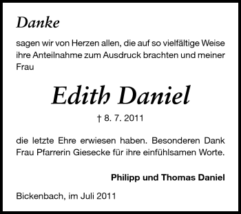 Traueranzeige von Edtih Daniel von Echo-Zeitungen (Gesamtausgabe)