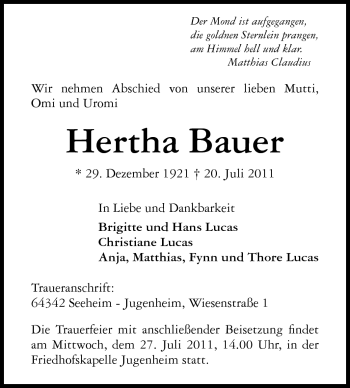Traueranzeige von Hertha Bauer von Echo-Zeitungen (Gesamtausgabe)