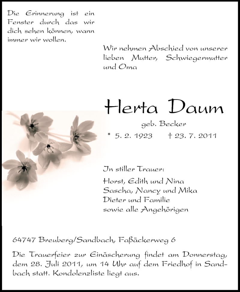  Traueranzeige für Herta Daum vom 26.07.2011 aus Odenwälder Echo