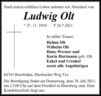 Traueranzeige von Ludwig Olt von Odenwälder Echo