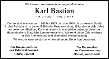 Traueranzeige von Karl Bastian von Odenwälder Echo