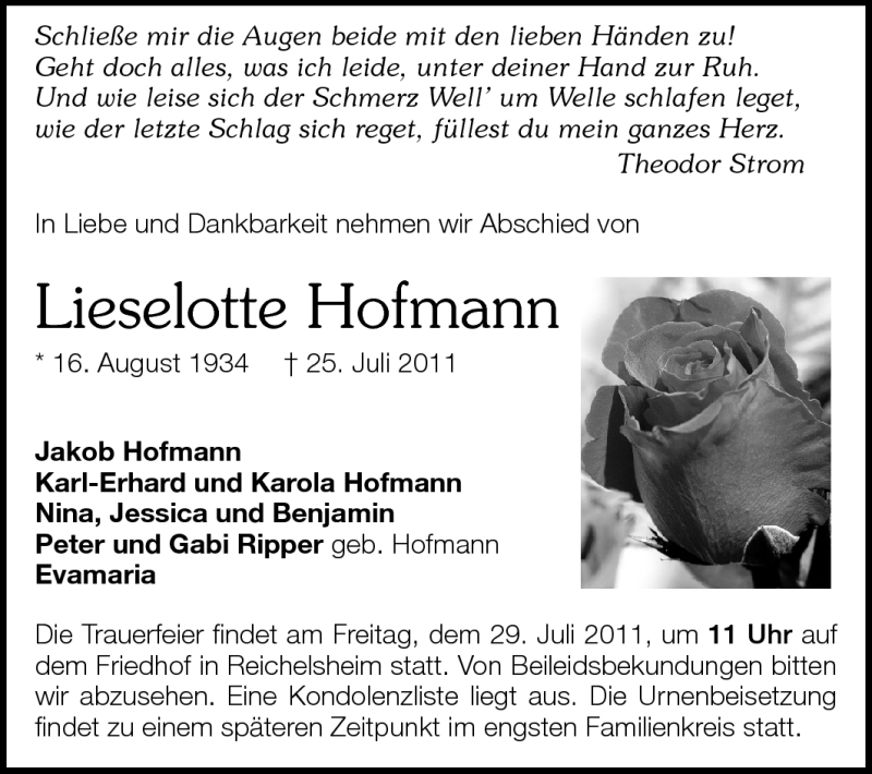  Traueranzeige für Lieselotte Hofmann vom 28.07.2011 aus Echo-Zeitungen (Gesamtausgabe)