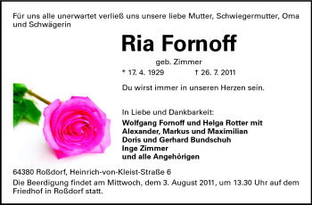 Traueranzeige von Ria Fornoff von Echo-Zeitungen (Gesamtausgabe)