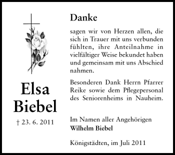 Traueranzeige von Elsa Biebel von Rüsselsheimer Echo, Groß-Gerauer-Echo, Ried Echo