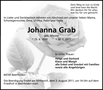 Traueranzeige von Johanna Grab von Odenwälder Echo