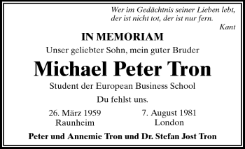 Traueranzeige von Michael Peter Tron von Rüsselsheimer Echo, Groß-Gerauer-Echo, Ried Echo