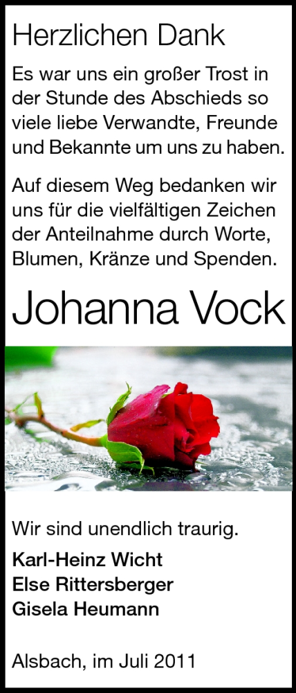  Traueranzeige für Johanna Vock vom 06.08.2011 aus Echo-Zeitungen (Gesamtausgabe)
