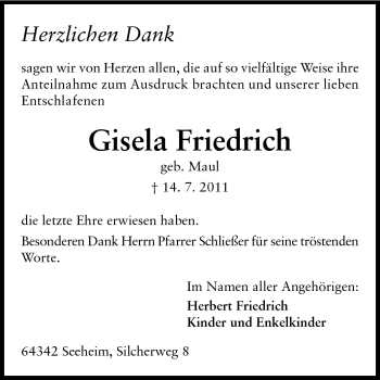 Traueranzeige von Gisela Friedrich von Darmstädter Echo, Odenwälder Echo, Rüsselsheimer Echo, Groß-Gerauer-Echo, Ried Echo