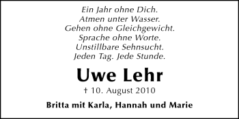Traueranzeige von Uwe Lehr von Darmstädter Echo, Odenwälder Echo, Rüsselsheimer Echo, Groß-Gerauer-Echo, Ried Echo