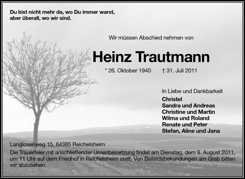  Traueranzeige für Heinz Trautmann vom 06.08.2011 aus Starkenburger Echo