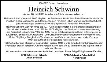 Traueranzeige von Heinrich Schwinn von Odenwälder Echo