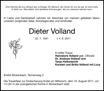 Traueranzeige von Dieter Volland von Echo-Zeitungen (Gesamtausgabe)