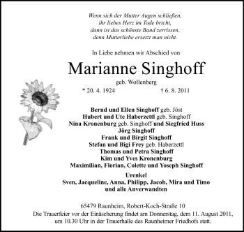 Traueranzeige von Marianne Singhoff von Rüsselsheimer Echo, Groß-Gerauer-Echo, Ried Echo