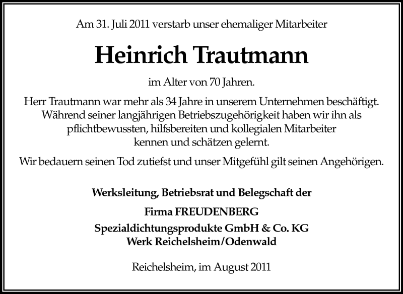  Traueranzeige für Heinrich Trautmann vom 10.08.2011 aus Odenwälder Echo