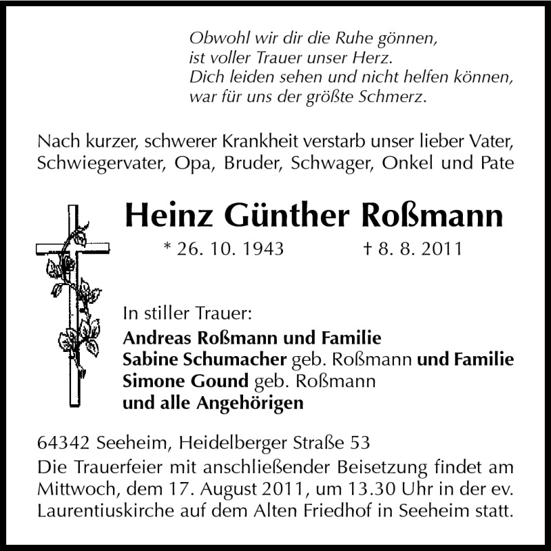 Traueranzeige für Heinz Günther Roßmann vom 13.08.2011 aus Echo-Zeitungen (Gesamtausgabe)