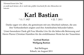 Traueranzeige von Karl Bastian von Odenwälder Echo