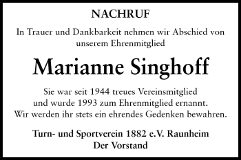 Traueranzeige von Marianne Singhoff von Rüsselsheimer Echo, Groß-Gerauer-Echo, Ried Echo