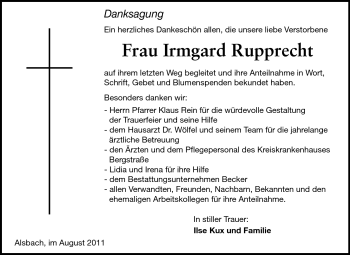 Traueranzeige von Rupprecht Irmgard von Echo-Zeitungen (Gesamtausgabe)