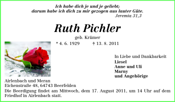 Traueranzeige von Ruth Pichler von Odenwälder Echo