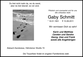 Traueranzeige von Gaby Schmitt von Darmstädter Echo, Odenwälder Echo, Rüsselsheimer Echo, Groß-Gerauer-Echo, Ried Echo