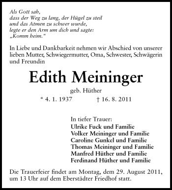 Traueranzeige von Edith Meininger von Echo-Zeitungen (Gesamtausgabe)