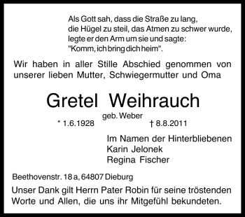 Traueranzeige von Gretel Weihrauch von Echo-Zeitungen (Gesamtausgabe)