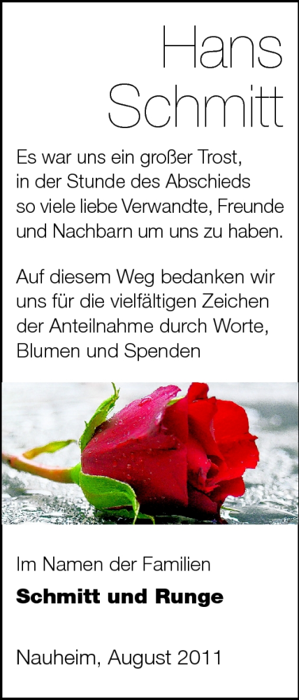  Traueranzeige für Hans Schmitt vom 20.08.2011 aus Rüsselsheimer Echo, Groß-Gerauer-Echo, Ried Echo