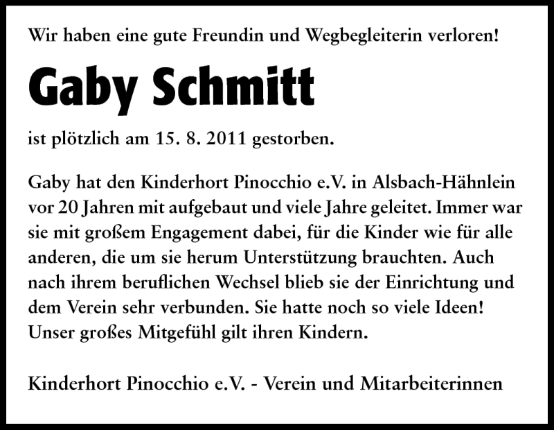  Traueranzeige für Gaby Schmitt vom 20.08.2011 aus Echo-Zeitungen (Gesamtausgabe)