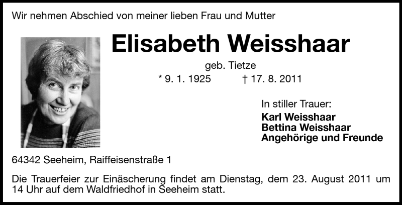  Traueranzeige für Elisabeth Weisshaar vom 22.08.2011 aus Echo-Zeitungen (Gesamtausgabe)