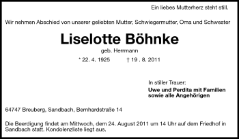 Traueranzeige von Liselotte Böhnke von Odenwälder Echo