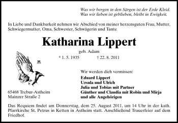 Traueranzeige von Katharina Lippert von Rüsselsheimer Echo, Groß-Gerauer-Echo, Ried Echo