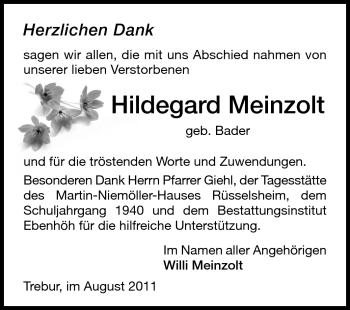 Traueranzeige von Hildegard Meinzolt von Rüsselsheimer Echo, Groß-Gerauer-Echo, Ried Echo