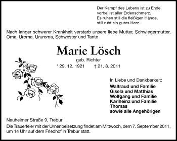 Traueranzeige von Marie Lösch von Rüsselsheimer Echo, Groß-Gerauer-Echo, Ried Echo