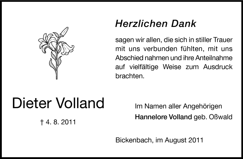  Traueranzeige für Dieter Volland vom 27.08.2011 aus Echo-Zeitungen (Gesamtausgabe)