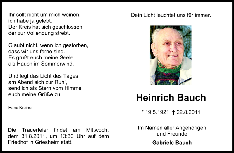  Traueranzeige für Heinrich Bauch vom 27.08.2011 aus Echo-Zeitungen (Gesamtausgabe)