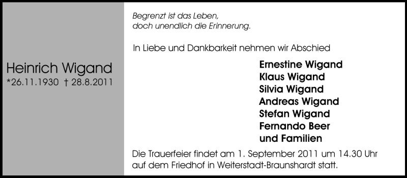  Traueranzeige für Heinrich Wiegand vom 31.08.2011 aus Echo-Zeitungen (Gesamtausgabe)