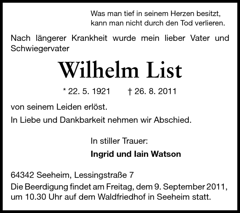  Traueranzeige für Wilhelm List vom 03.09.2011 aus Echo-Zeitungen (Gesamtausgabe)